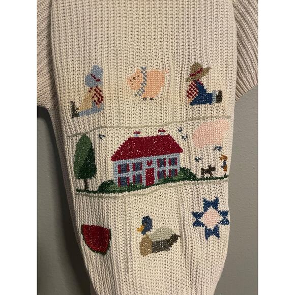 Vintage Chaus Sweater Womens Medium White Ramie Cotton Farmhouse Animals 90s - Picture 2 of 8